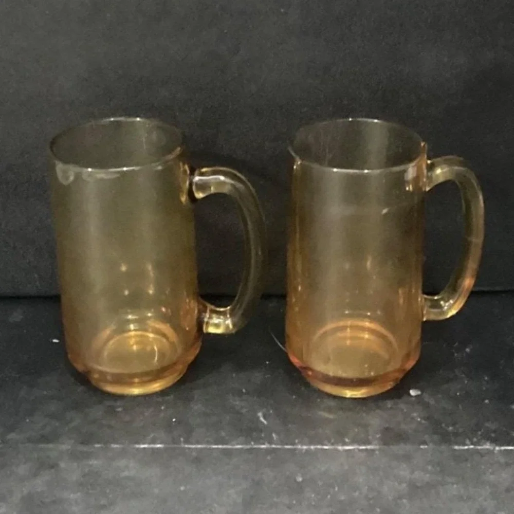 Hazel‎ Atlas Amber Beer Mugs, Set of 2, Vintage Stackable Glasses, Glass Steins